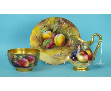 A Royal Worcester porcelain sugar bowl painted with fruit by George Mosely, gilt interior, a similar cream jug by William Bag