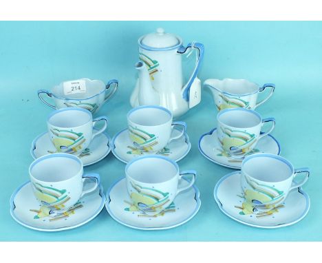 A Grays Pottery fifteen-piece coffee set with Art Deco hand-painted abstract geometric decoration designed by Susie Cooper, p