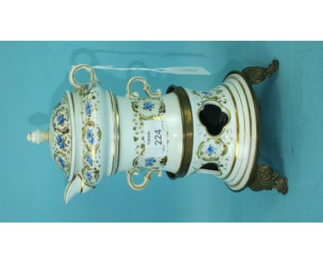 A 19th century Berlin gilt-metal-mounted porcelain vielleuse with blue and gilt floral decoration, handle and finial restored