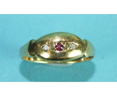 An 18ct gold gypsy ring set a ruby and two 8/8-cut diamonds, size N½, 2.1g.