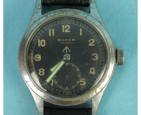 Buren, a gent's Buren Grand Prix military issue steel-cased manual-wind wrist watch, the black dial with Arabic numerals and 