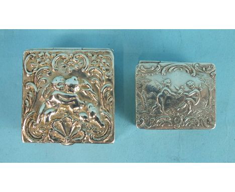 A small square Continental snuff box, the lid and sides embossed with cherubs, musical and grape motifs, 3.8cm square, 2.2cm 