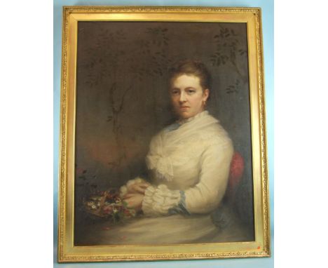 John Horsburgh (Scottish, 1835-1924) PORTRAIT OF A LADY, SEATED AND WEARING A WHITE DRESS, HOLDING A BASKET OF FLOWERS Signed