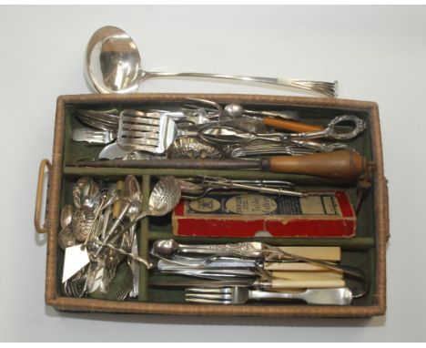 Miscellaneous silver plated flatware, including a soup ladle, length 32.5cm, in wicker cutlery tray.