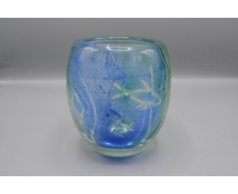 An art glass vase by Ronald Stennett Willson for Wedgwood, the blue and green ovoid body with bubble inclusions and decorated