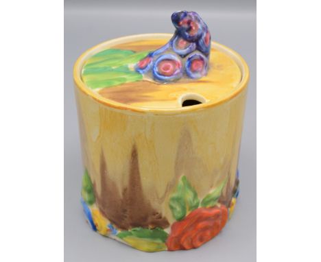 A Clarice Cliff 'My Garden' Bizarre preserve jar, height 10cm. Condition report: Tiny white mark on top of lid knob but not d