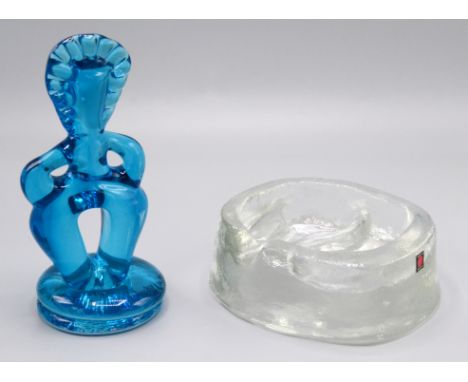 A blue Art Glass figure, engraved to the base 'Bath 2004', height 17.8cm and a German clear glass stand with original sticker