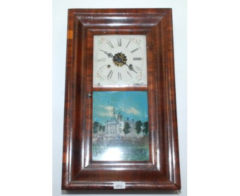 An American rosewood wall clock, 19th century, the square painted dial above a glazed panel entitled 'CAPITAL AT ALBANY, N.Y'