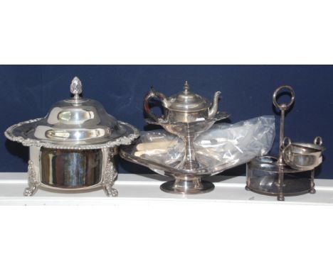 A large silver plated circular tureen, height 26cm, a twin handled tray, length 55cm, a teapot etc.  