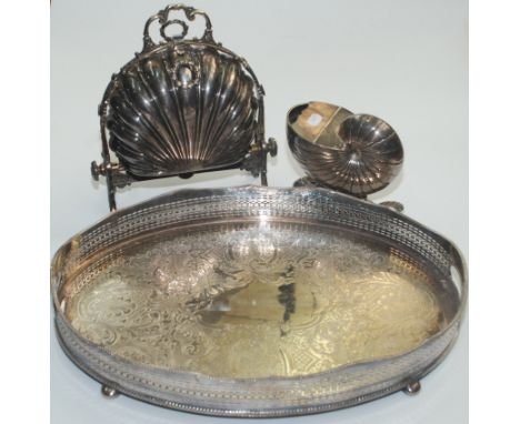 A Victorian epns patent folding muffin dish, height 27cm, a nautilus shell spoon warmer and an oval tray, with a pierced gall