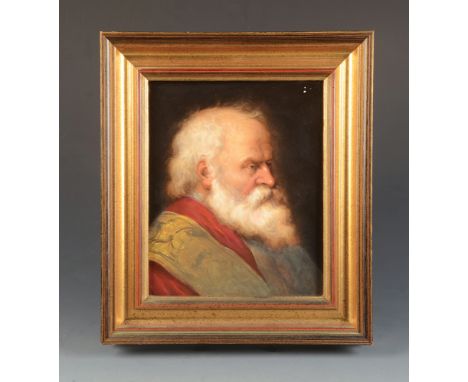 A Continental porcelain plaque, 19th century, hand painted with the portrait of an bearded gentleman, inscribed to the back '