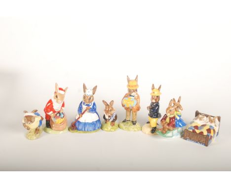 Eight Royal Doulton Bunnykins figures, comprising 'Santa DB17', 'Billie & Buntie Sleigh Ride DB4', 'Fireman DB75', 'Sleepytim