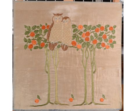 An embroidery panel depicting owls in orange trees.53 x 53cm.   Condition report:  This panel dates from the late 19th centur