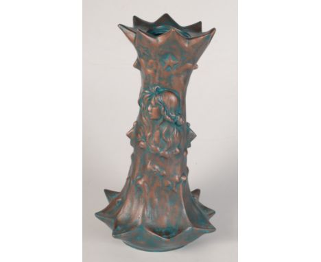 An Art Nouveau style cast metal vase, signed O.Bobbias, height 40.5cm.