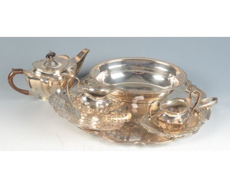 An epns three piece tea service, a tray and four other items.