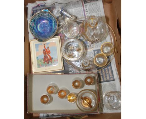 Two glass gilt decorated decanter sets, a lustre glazed Newhall Boumier Ware bowl and a pair of Newhall Hanley pottery plaque