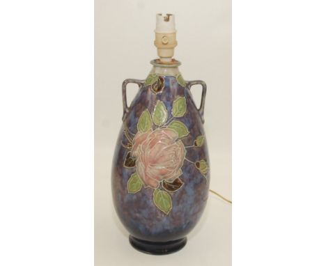 A Royal Doulton flambe twin handled vase, by Florrie Jones decorated with roses, the base with typical backstamp and initiall