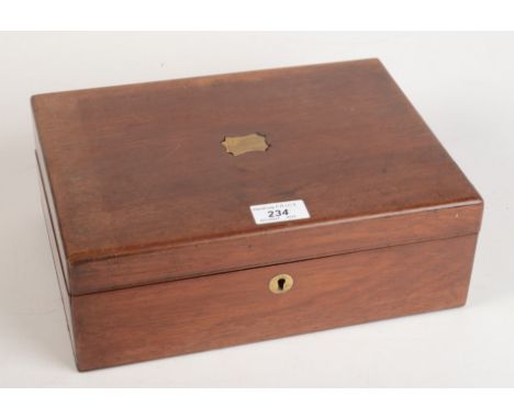 A Victorian mahogany writing slope, height 10.5cm, width 30cm, depth 22.5cm and an Art Nouveau style pottery and brass oil la