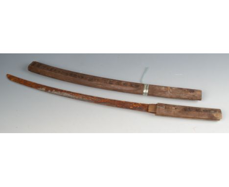 A Japanese sword, the wooden handle and scabbard with black painted calligraphy, length 69cm. Condition report: As far as one