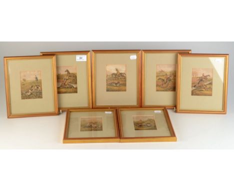A set of nine hunting prints, each framed and glazed, total size 22 x 18cm.