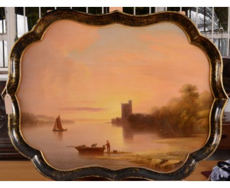 A Victorian B. Walton & Co Warranted papier mache tray, the centre painted with a view of Axmouth Church, Devon, within a sha