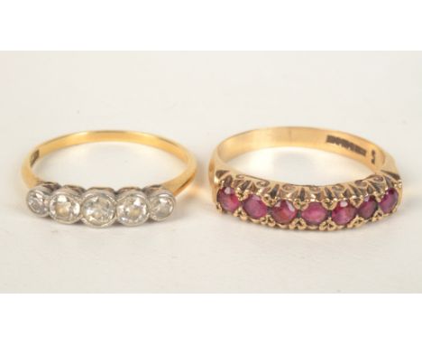 An 18ct gold ring set five diamonds together with a Victorian style gold ring set red stones. 