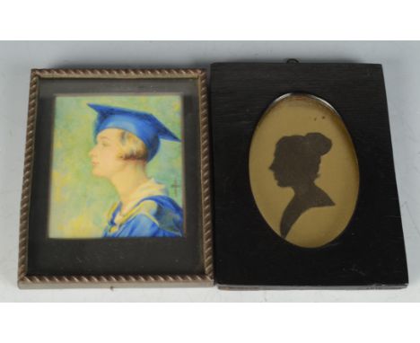 Miss Moncrieff Bell a portrait miniature of Miss Price in her academic gowns, signed and dated 1932 artists label to the back