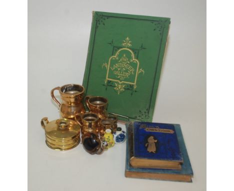 A set of four graduated polished bronze measures, a brass chamber candlestick, a glass model of a snail, two Chinese snuff bo
