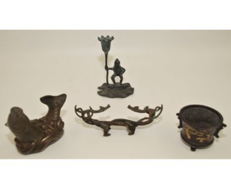 A Chinese bronze censer, four character mark, height 6cm, a Japanese bronze figure of a carp, seal mark to base, height 9.5cm