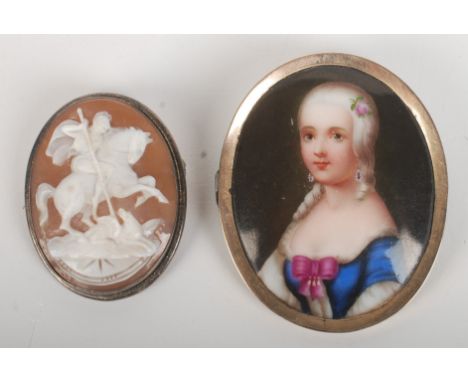 A Victorian painted miniature portrait on porcelain together with a cameo brooch. 