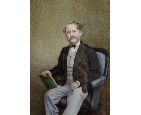 A portrait of Thomas Wilson Collet, miniature on ivory, dated and with a label to the back, 1877, 14 x 10cm.