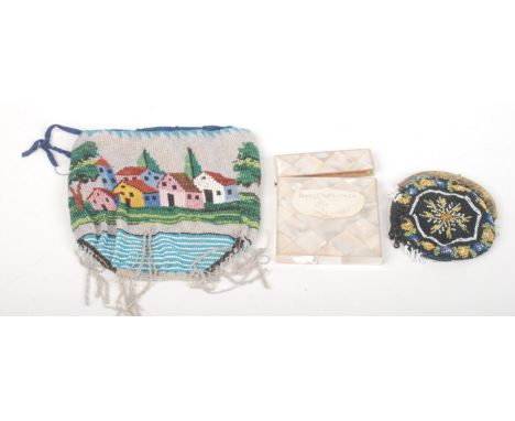 A mother of pearl card case and two bead work bags. 