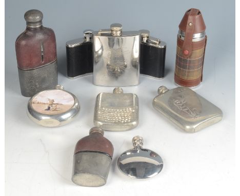 Ten miscellaneous hip flasks, two decorated with hunting scenes.