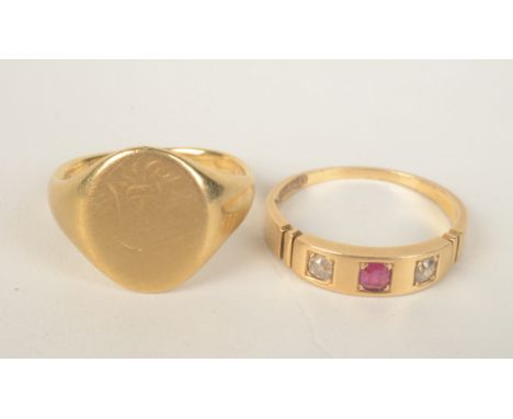 A Victorian 18ct gold ring set with diamonds and a ruby together with a gold signet ring.   Condition report:  2.7gms 18ct ri