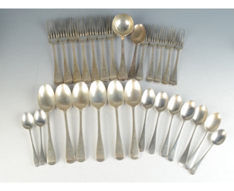 A part suite of Old English pattern cutlery by The Goldsmiths & Silversmiths Co. Ltd. with roosters head crests comprising se