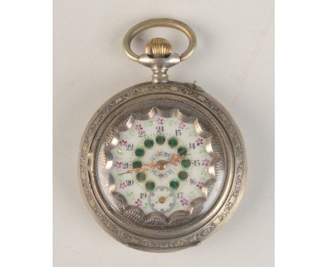 A Tissot 800 standard keyless pocket watch with ten ruby Remontoir Cylindre movement, the open face richly enamelled and gilt