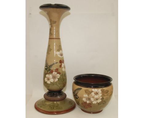 An Art Nouveau Langley Ware pottery jardiniere on pedestal, decorated with coal tits and wild roses, total height 92.5cm.    