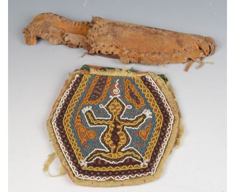 A pair of First Nation native American Indian beaded and woodbark panels, 17 x 17cm, together with a brown leather knife scab