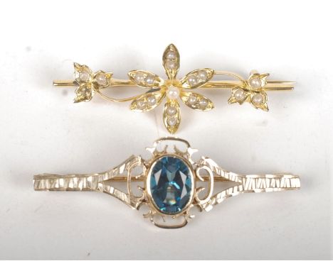 A 15ct gold pearl set bar brooch and a 9ct gold bar brooch.