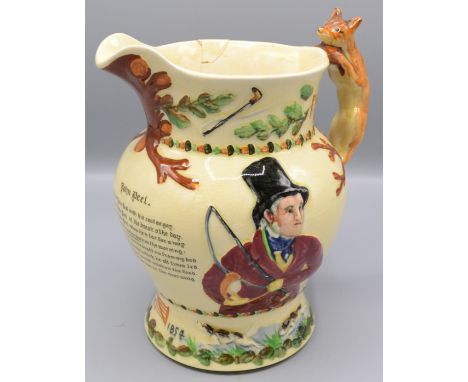A Crown Devon Fieldings John Peel musical hunting jug, the handle modelled as a fox, height 21cm.