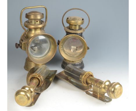 A Stadium brass car lamp, height 31cm, a Lucas brass 'King of the Road' petroleum lamp, height 30cm and a pair of GWR brass l