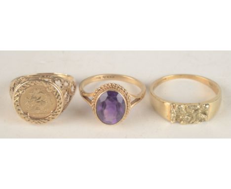 Two 9ct gold rings and a 9ct gold ring set with amethyst. 