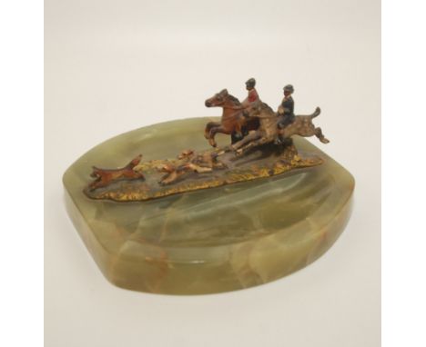 A green onyx ashtray, with a cold painted hunting scene mount, width 14.5cm.