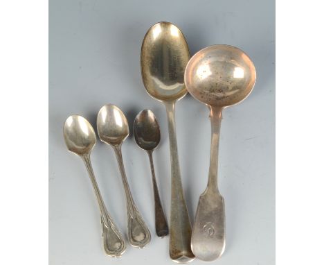 A Hanoverian rat tail pattern silver tablespoon, a fiddle patter silver sauce ladle , a pair of Victorian silver egg spoons a