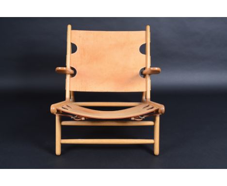 A Borge Morgensen Hunting chair in clear lacquered light oak and with natural leather, to the underside a Fredericia Furnitur