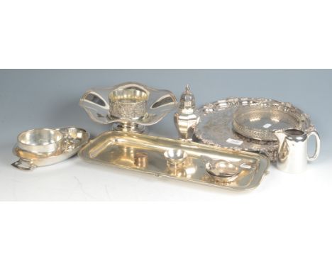 A Victorian circular engraved tray, etc.