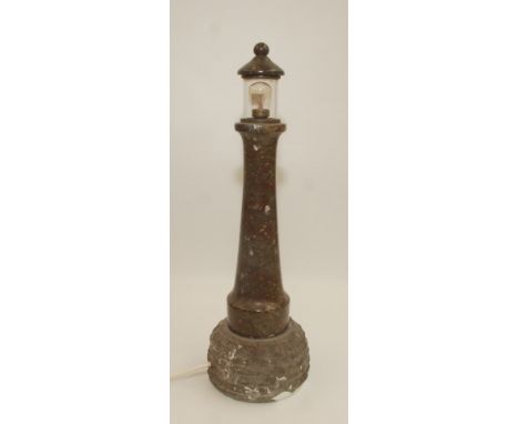 A large Cornish serpentine lighthouse lamp, height 46.5cm.