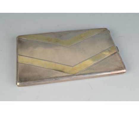 A silver engine turned cigarette case parcel gilt with chevrons. 4.4oz.