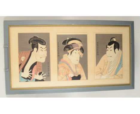A Japanese triptych comprising of three portraits, each with calligraphy, each panel 27.5 x 17cm, framed and glazed.