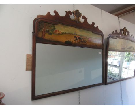 A George III style walnut wall mirror, by Titchmarsh & Goodwin cabinet makers, painted with a hunting scene, with original la
